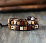 Leather Bracelet Natural Stones 2 Strands Vintage Weaving Leather Wrap