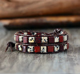Leather Bracelet Natural Stones 2 Strands Vintage Weaving Leather Wrap