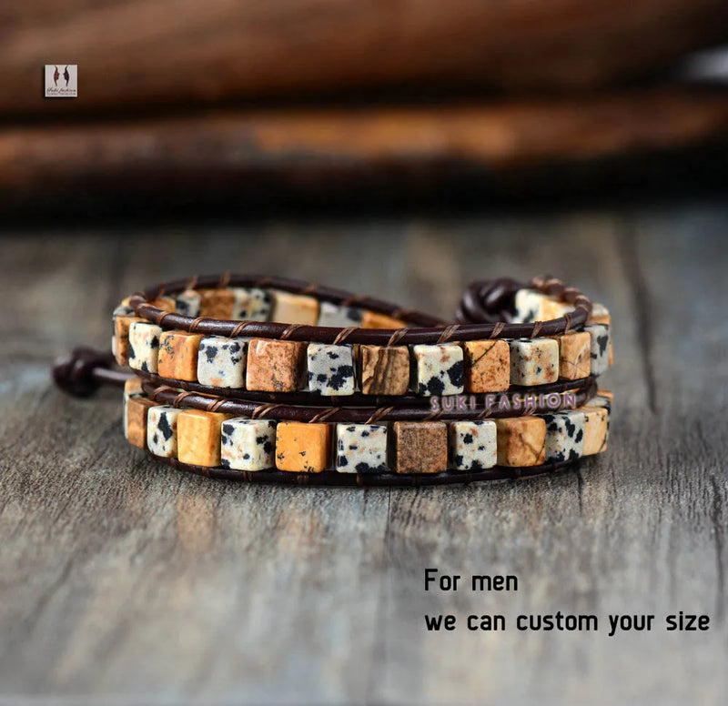 Leather Bracelet Natural Stones 2 Strands Vintage Weaving Leather Wrap