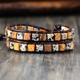 Leather Bracelet Natural Stones 2 Strands Vintage Weaving Leather Wrap