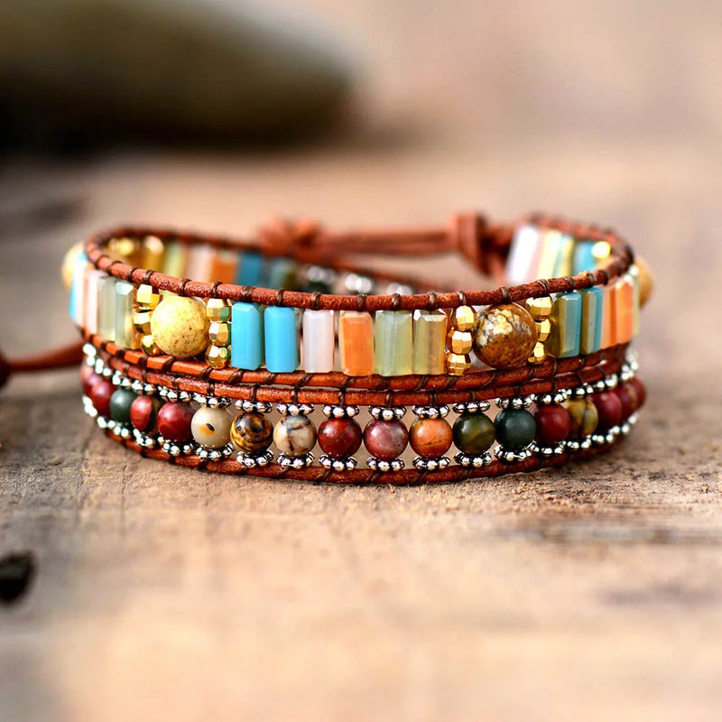 Leather Bracelets Natural Stones Crystal 2 Strands Wrap Bracelets