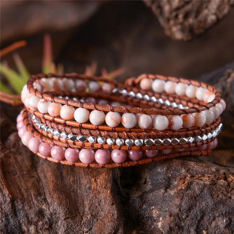 Leather Bracelets Natural Stones Crystal 3 Strands Vintage Boho Bracelet
