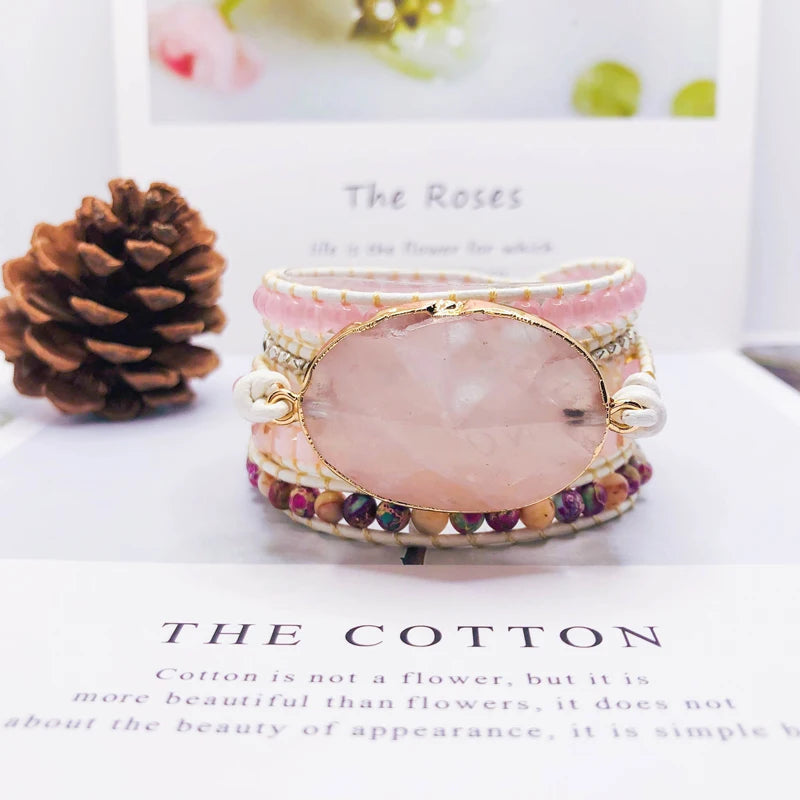 Leather Wrap Bracelet Natural Beads Crystal Weaving Statement Art Bracelet