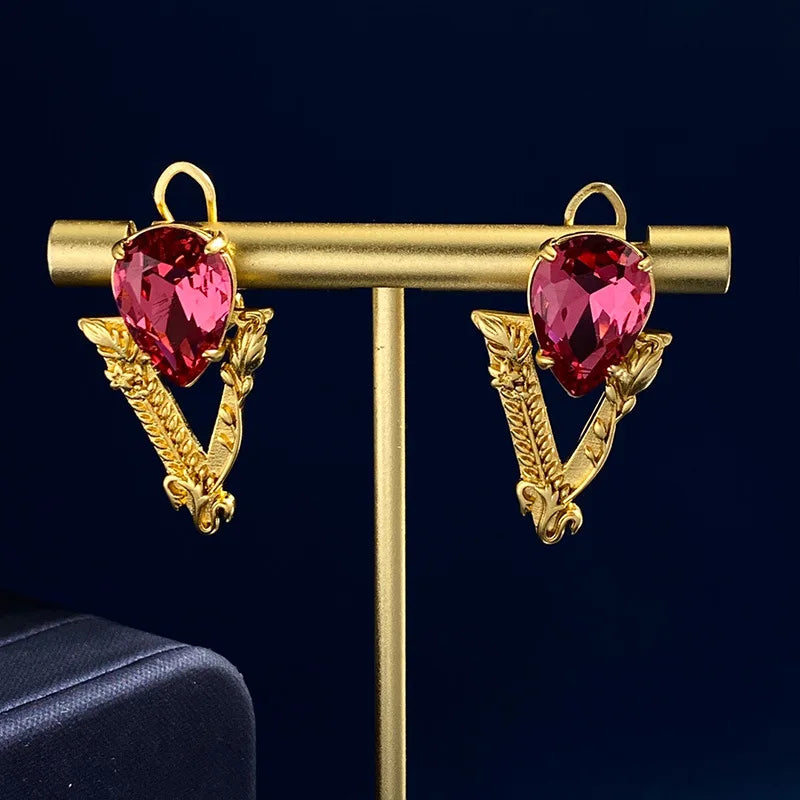 Retro Tussauds V Letter Gemstone Crystal Earrings