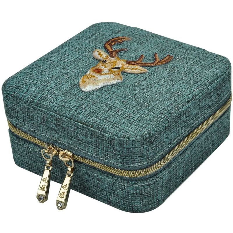 Green Linen Box Necklace Ring Earings Bracelet Storage Organizer