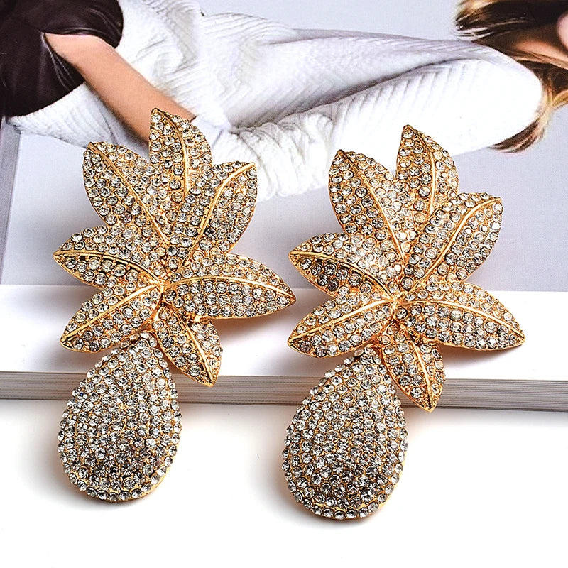 Crystal Studded Metal Flower Drop Earrings for Women