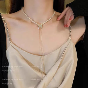 Tassel Pearl Chain Butterfly Necklace Wedding Jewelry
