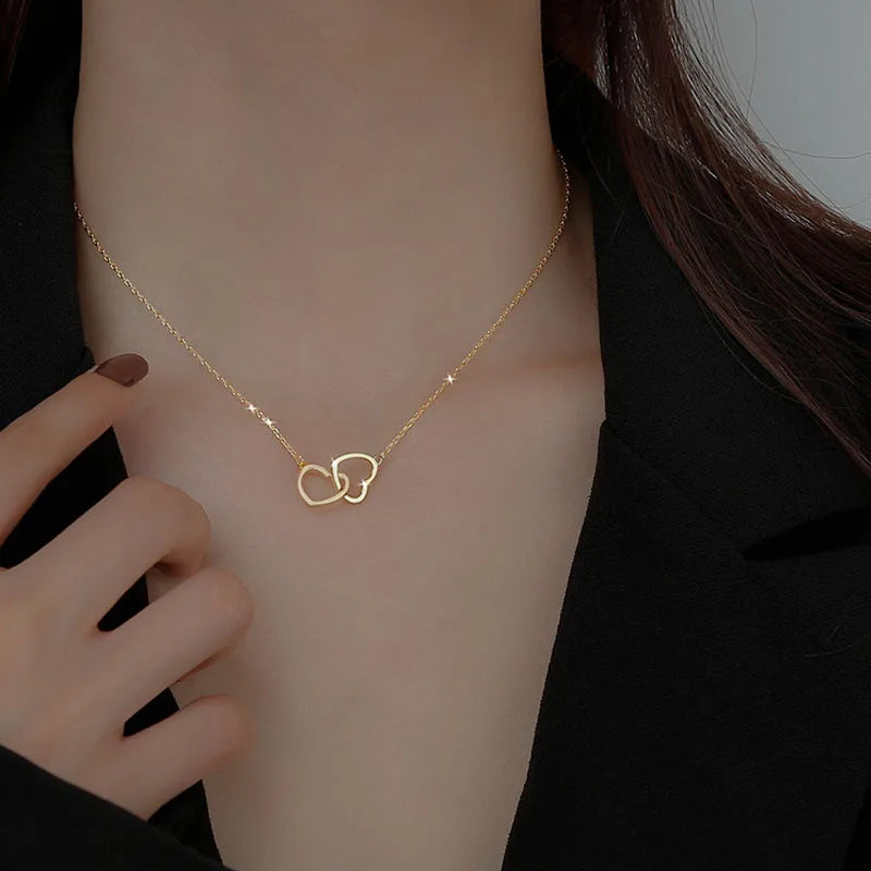 Love Double Heart-shaped Hollow Pendant Necklace Light Female Chain