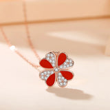 Sterling Silver Four Leaf Clover Necklace with Red Agate Pendant