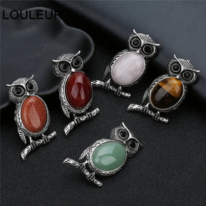 Animal Owl Brooch Natural Tiger Eye Stone Cabochon Pin Gift