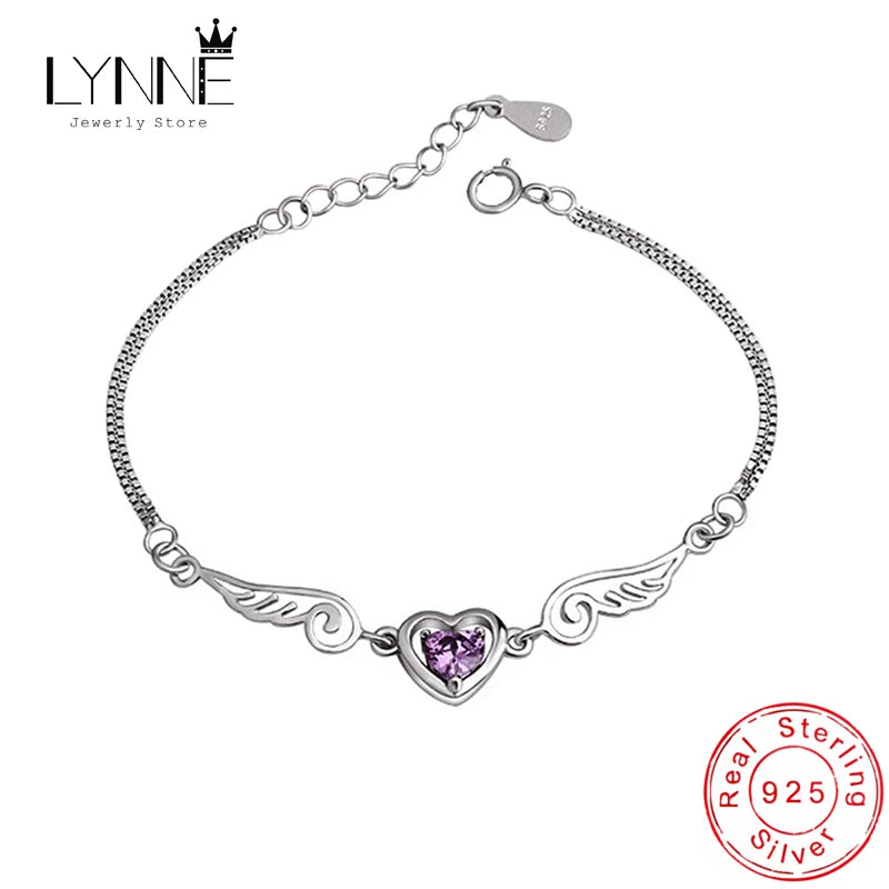Heart Angel Wing Zircon Bracelet 925 Silver Purple CZ Charm Bracelet