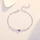Heart Angel Wing Zircon Bracelet 925 Silver Purple CZ Charm Bracelet