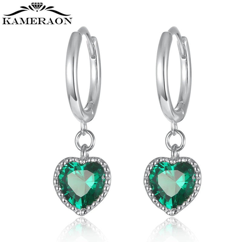 Heart Earring Hoop Sterling Silver S925 Green Zircon Stud Earring