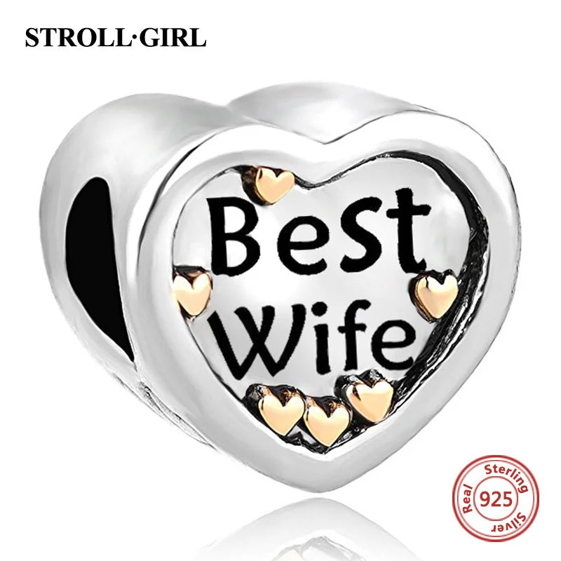 Heart Stamped Wife Charms Beads Fit European Bracelet 925