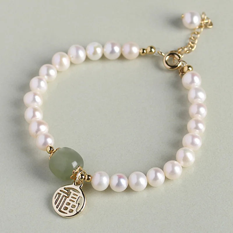 Natural Hetian Jade Freshwater Pearls Beaded Women's Bracelets