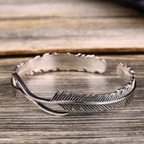 Luotai Old Silversmith Men's Retro Thai Silver Feather Open Bracelet