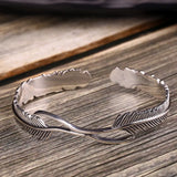 Luotai Vintage Thai Silver Feather Open Bracelet Men's Retro Gift