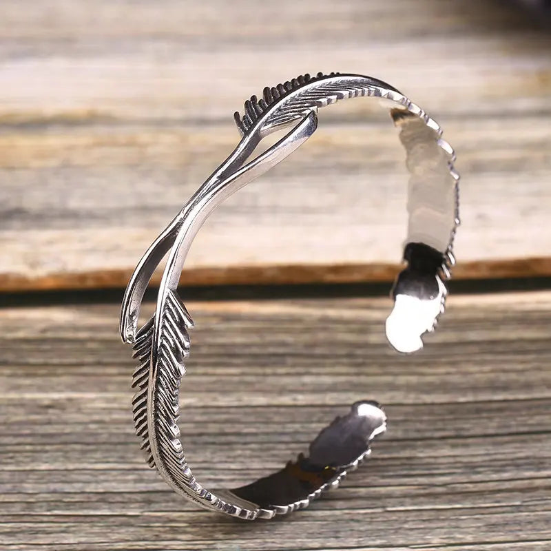Luotai Old Silversmith Men's Retro Thai Silver Feather Open Bracelet