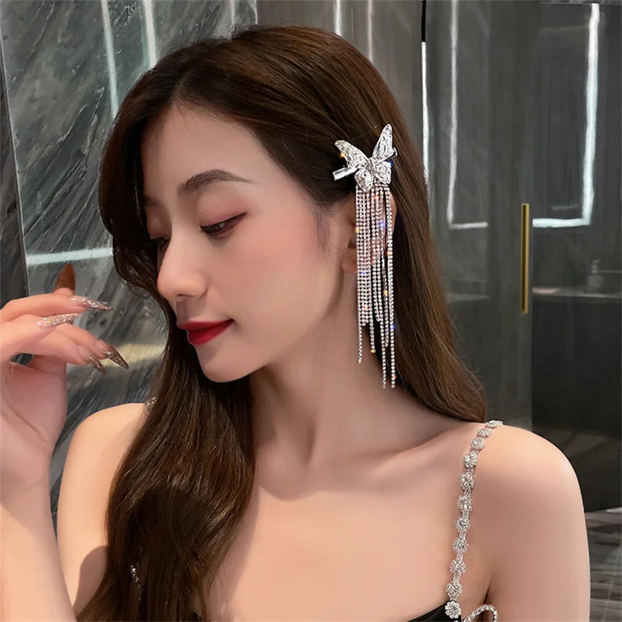 Vintage Silver Crystal Heart Tassel Hair Pins