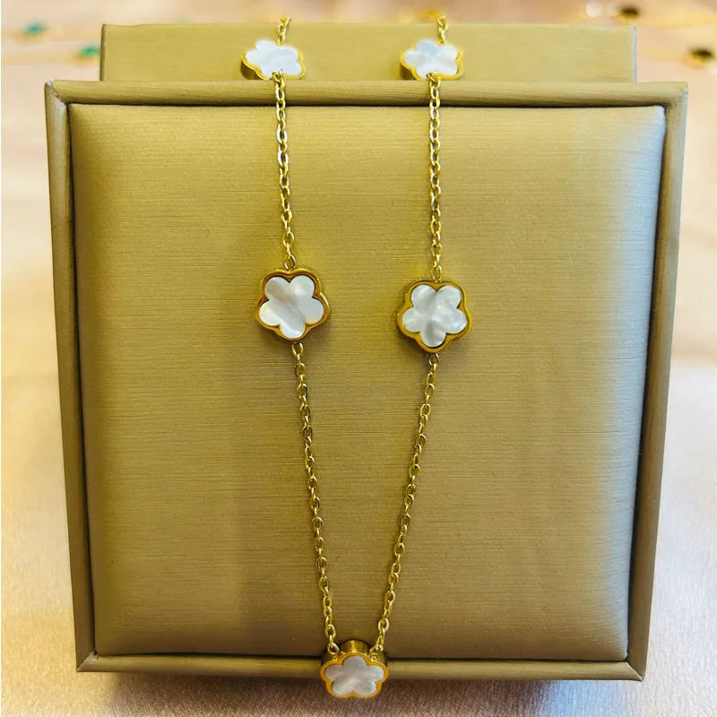 Flower Charm Necklace for Women - Stainless Steel Clover Jewelry
