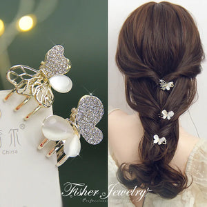 Cat Eye Butterfly Rhinestone Hairpin with Pearl Claw Clip