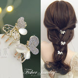 Cat Eye Butterfly Rhinestone Hairpin with Pearl Claw Clip