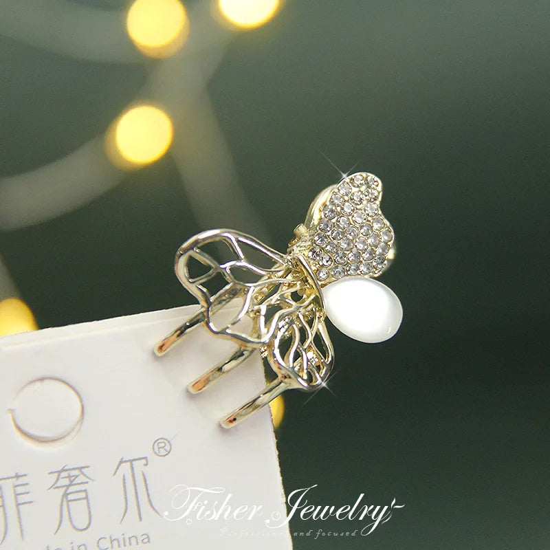 Cat Eye Butterfly Rhinestone Hairpin with Pearl Claw Clip