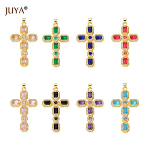 Colorful Zircon Cross Pendant Necklace Metallic Copper Charm