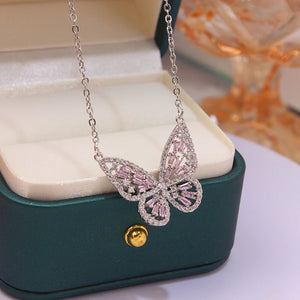 Butterfly Charm Chain Necklace 14K Plated Zircon Pendant Jewelry Gift