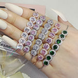 Green Pink Rose Silver CZ Bracelet Bangle for Wedding Women on Hand