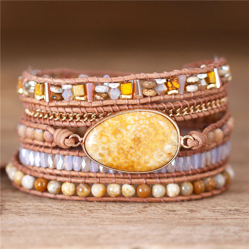 Leather Wrap Bracelet with Natural Stones Beads Crystal