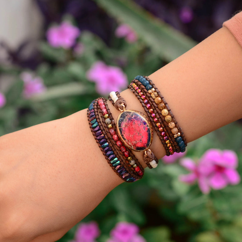 Leather Wrap Bracelet with Natural Stones Weaving Statement