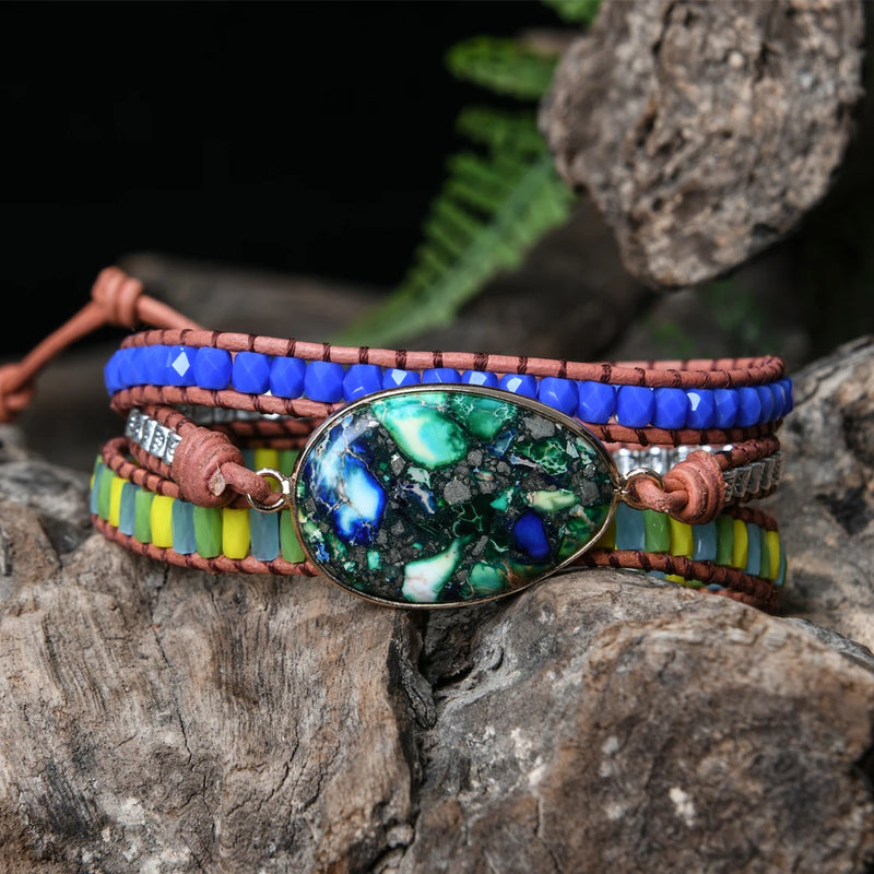 Leather Wrap Bracelet with Natural Stones Boho Statement