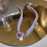 Purple Crystal Pearl Clavicle Necklace Women Unique Anniversary Gift