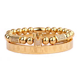 Men's CZ Crown Charm Stainless Steel Beads Bracelet Set