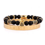 Men's CZ Crown Charm Stainless Steel Beads Bracelet Set