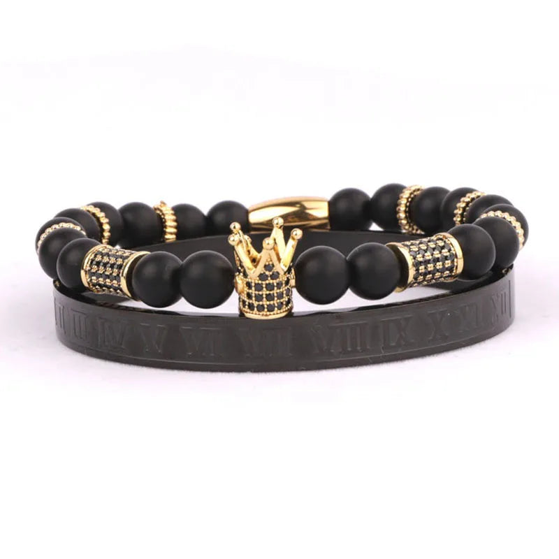 Men's CZ Crown Charm Stainless Steel Beads Bracelet Set