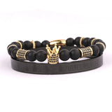 Men's CZ Crown Charm Stainless Steel Beads Bracelet Set