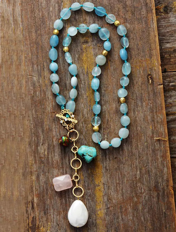 Natural Stones Teardrop Square Pendant Necklace Women Lariat Y Necklace