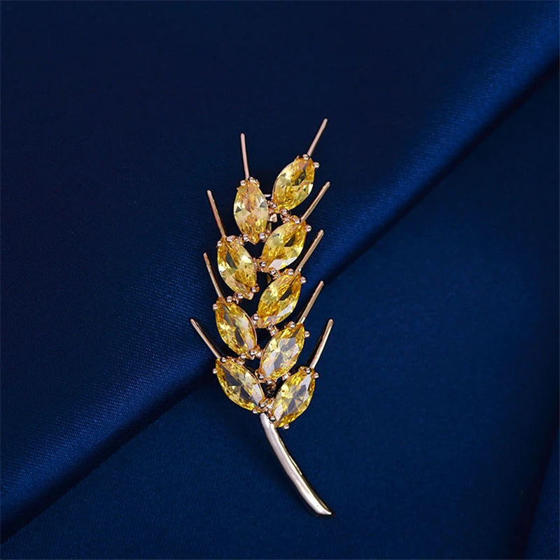 Yellow Cubic Zirconia Brooches for Women Wheat Brooch Pins Plant Wedding Jewelry