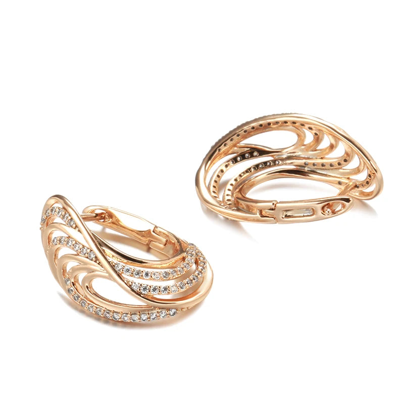 Rose Glossy Zircon Clip Earrings 585 Hollow Wave Texture Fine Wedding Jewelry