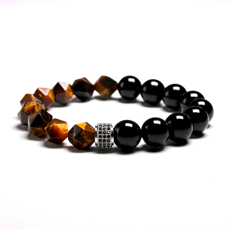 Men Bracelet Tiger's Eye Stone Charm CZ Bracelet 10MM