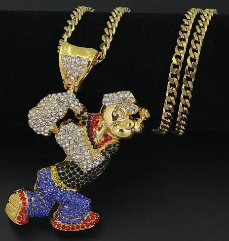 Men Popeye CZ Crystal Pendant Necklace Cuban Chain