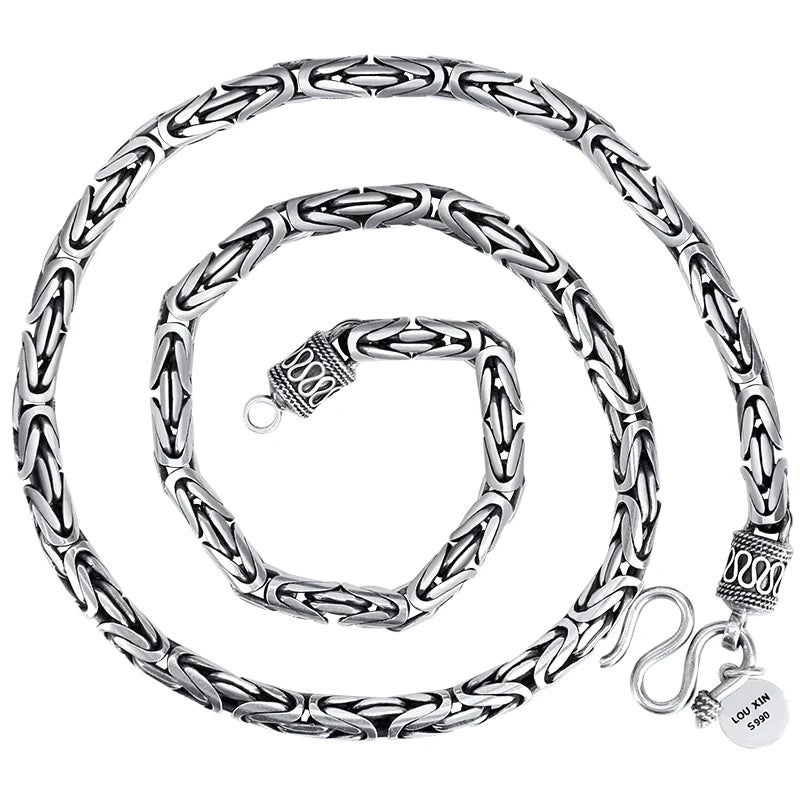 Men's Silver Pingan Pattern Necklace Retro Personality Thick Long Jewelry