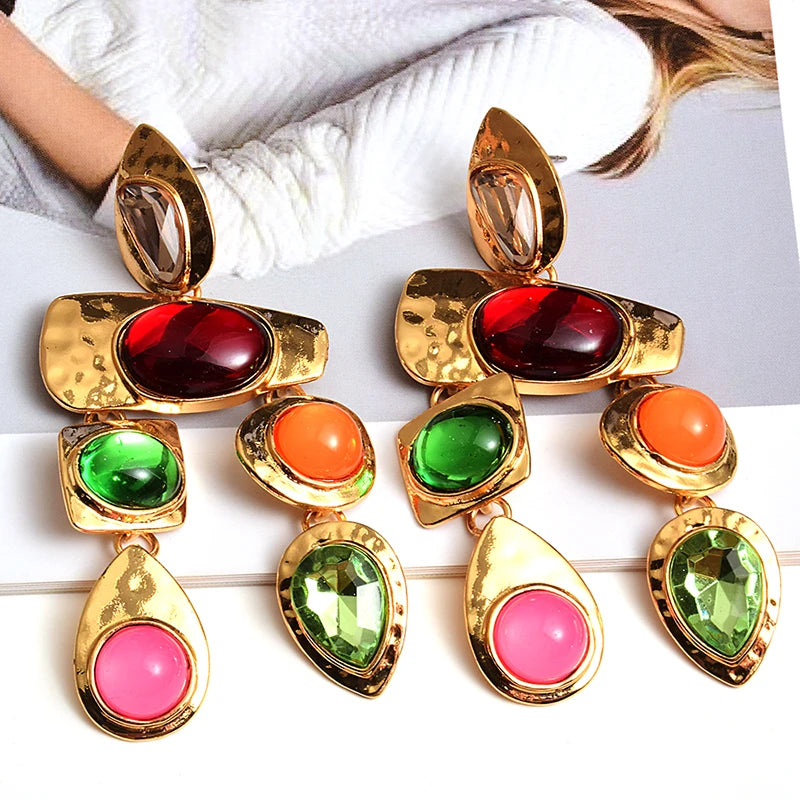 Colorful Stone Earrings Crystal Dangle Long Drop High-quality Metal Jewelry