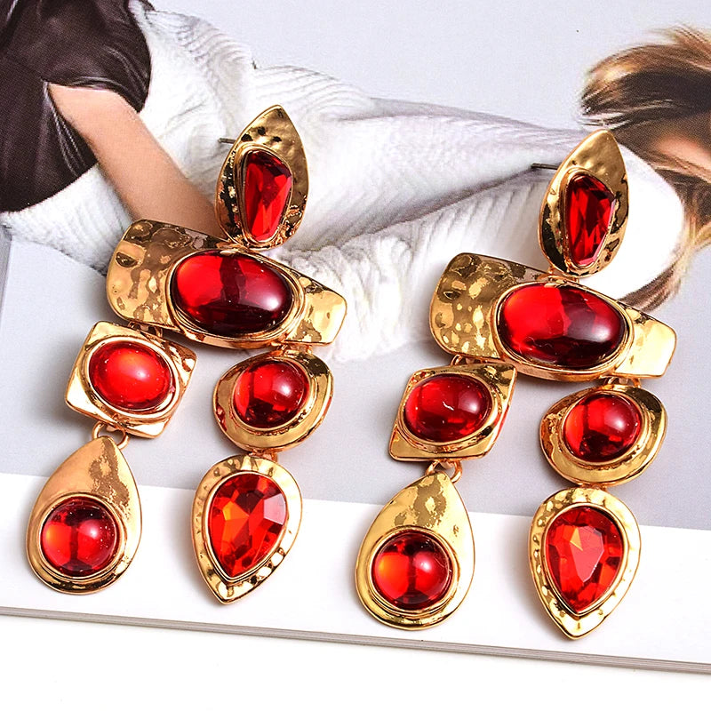 Colorful Stone Earrings Crystal Dangle Long Drop High-quality Metal Jewelry