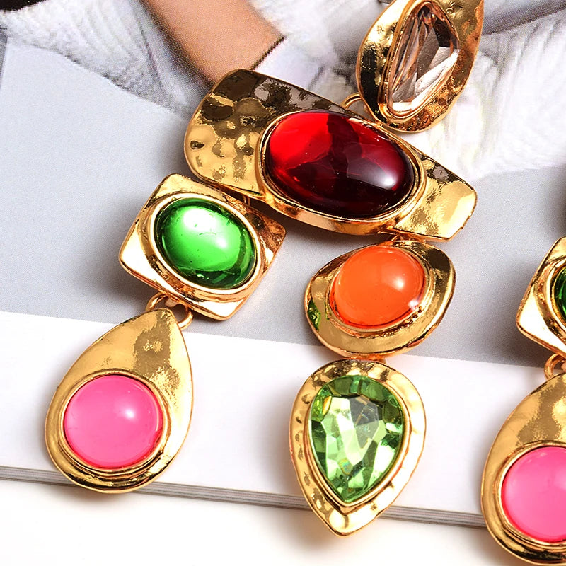 Colorful Stone Earrings Crystal Dangle Long Drop High-quality Metal Jewelry