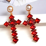 Metal Crystal Long Cross Earrings Baroque Drop Earrings