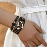 Metal Love Heart Charm Leather Bracelet for Women