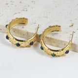 Stainless Steel 18K Texture Stone C Hoop Earrings for Women